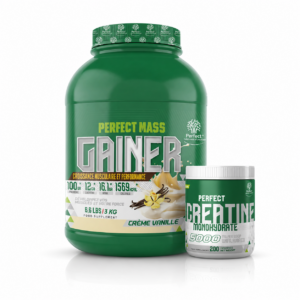 Pack Perfect Mass Gainer 3 kg + Perfect Créatine Monohydrate 200 g pour une prise de masse musculaire rapide grâce à une formule hypercalorique et une créatine pure pour booster la force, la puissance et les performances pendant les séances intensives en Tunisie.