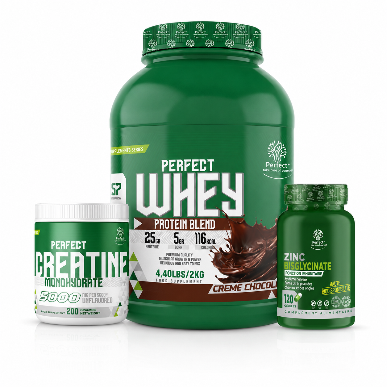 perfect whey creatine zinc Tunisie, pack whey creatine zinc bisglycinate sportif, prise de masse Tunisie, whey premium + creatine + zinc pack.