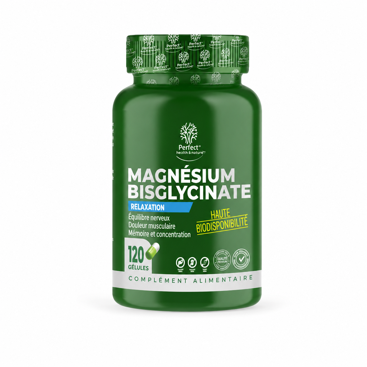 magnésium bisglycinate Tunisie, supplément magnésium absorbable, magnésium récupération musculaire, magnésium système nerveux, Perfect Nutrition magnésium 120 capsules.