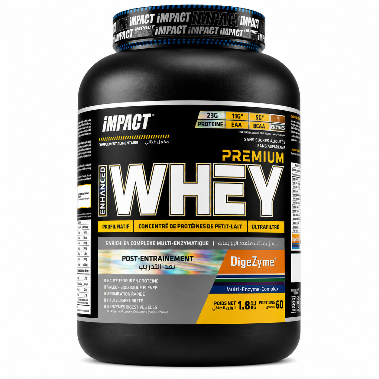 Impact Premium Whey Enhanced Tunisie, whey DigeZyme® Tunisie, whey protéine digestibilité améliorée, whey sans lactose Tunisie, protéine récupération musculation Tunisie.