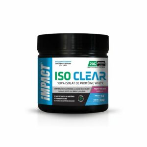 Impact ISO CLEAR Tunisie, whey isolate fruitée Tunisie, protéines whey claire 100 % isolate, protéines post-workout léger Tunisie, isolate powder récupération musculaire.